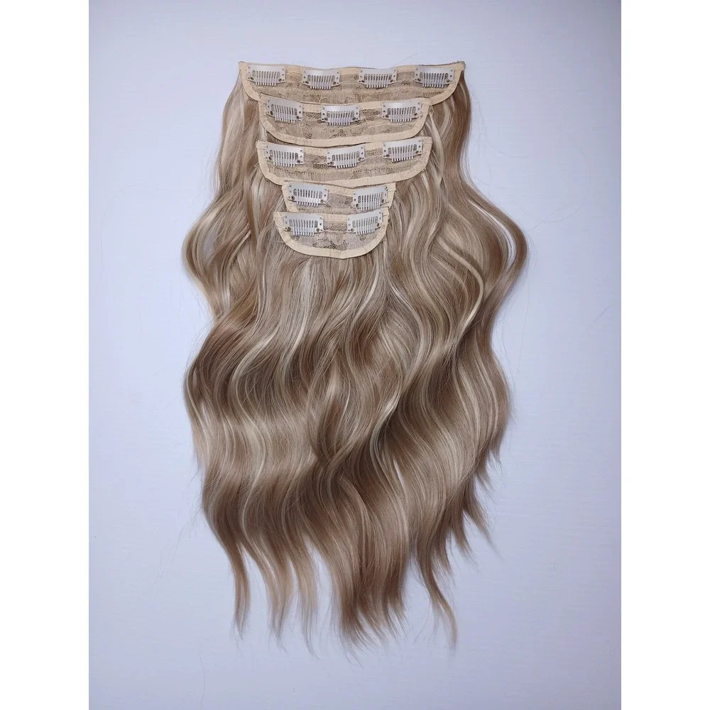 Wavy Ash Blonde Highlighted Clip In Synthetic Hair Extensions 5 Piece Body Wave